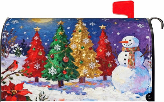 Christmas Mailbox Covers Magnetic Standard Size Xmas Tree Snowman Watercolor Starry Moon Winter Holiday Outdoor Decorative Seasonal Letter Box Cases for Home Garden Outside Decor, 21x18 Inch