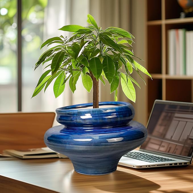 Ceramic Pots for Plants - 11 Inch Ceramic Planter for Indoor Outdoor, Unique Planters with Drainage Hole, Decorative Flower Pot, House Office Garden Decor, Plants Lover Gifts, Blue