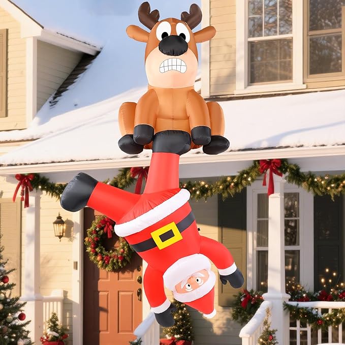 Christmas Inflatable Roof Outdoor Decorations, 8FT Inflatables Reindeer & Climbing Santa, LED Lights Blow up Holiday Hanging Decor for Window Indoor Rooftop Outside Balcony Garden Restaurant Café
