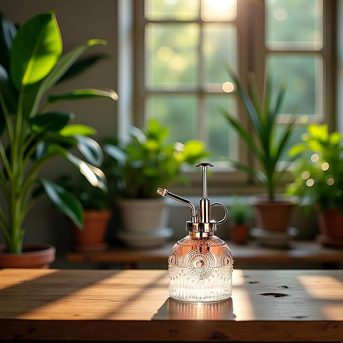 Glass Plant Mister Spray Bottle, Vintage Plant Spritzer, Succulent Watering Bottle Glass with Top Pump, Small Plants Sprayer Watering Can for Indoor Outdoor House(Brown and White Gradient Color)