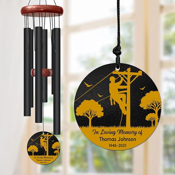 Personalized Lineman Memorial Wind Chime – “in Loving Memory of” Custom Name & Years – Sympathy Gift for Utility Worker Families – Memorial Windchimes for Loss of Loved One – Garden Remembrance Décor