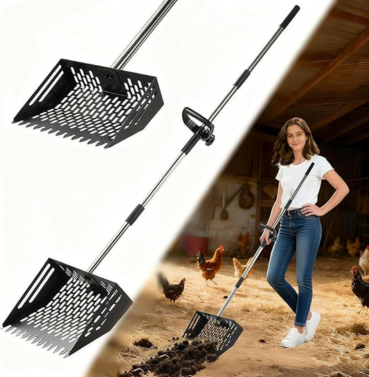 Chicken Poop Scooper＆Rake 2-in-1,Adjustable Rubber Grip Stainless Steel Shovel Head, Adjustable Handle(23 to 65"), Small Farm Animals for Pet Waste Cleaning Chicken Coop Scoop Accessories