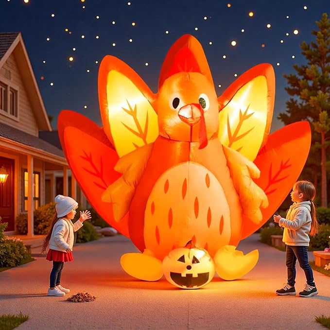 8 FT Christmas Inflatables Santa Claus in Sleigh with Two Reindeer Outdoor Decorations Blow Up Yard Santa Claus with Built-in LEDs (5FT Thanksgiving Inflatable Turkey)