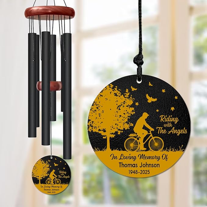 Personalized Cyclist Memorial Wind Chime – “Riding with The Angels” Custom Name & Years – Sympathy Gift for Biker Families – Memorial Windchimes for Loss of Loved One – Garden Remembrance Décor