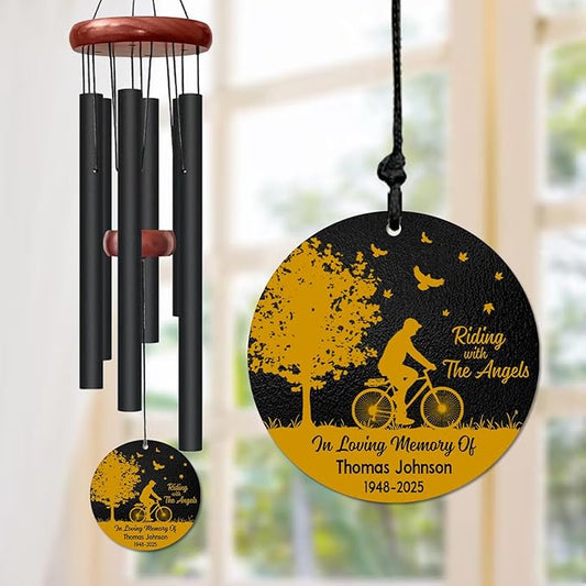 Personalized Cyclist Memorial Wind Chime – “Riding with The Angels” Custom Name & Years – Sympathy Gift for Biker Families – Memorial Windchimes for Loss of Loved One – Garden Remembrance Décor