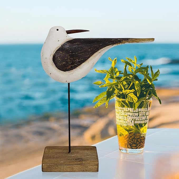 Aecipl Wooden Sea Bird Statue Seagull On Stand Decor Nautical Coastal Birds Sculpture Indoor Outdoor Animal Figurine Beach Themed Decoration Rustic Home Art for Bedroom Garden (I)