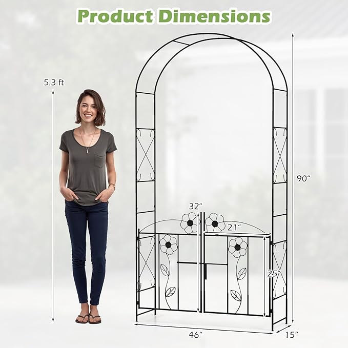 Giantex Garden Arbor with Gate, 7.5FT Metal Arch Trellis for Climbing Plants Rose Ivy, Archway Pergola with Flower Door, 4 Stakes, Garden Arch for Wedding Ceremony Bridal Party Decoration