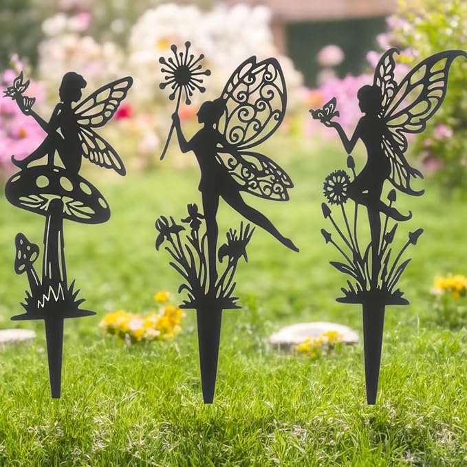 Fairy Decorative Garden Stakes Decorative Set Fairies for Fairy Garden Black Metal 3P