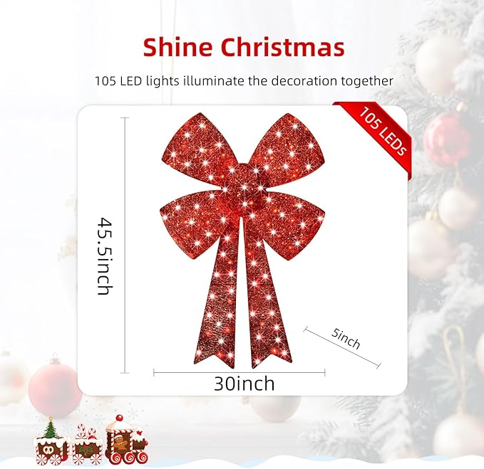 Lighted Giant Christmas Bows Decoration - HOYECHI Lighted Large Outdoor Bows for Wreaths, Outdoor Hanging Christmas Decorations, LED Holiday Yard Décor with 105 Lights - Red