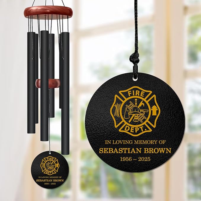 Personalized Firefighter Memorial Wind Chime – Custom Name & Years – “in Loving Memory” Golden Firefighter Symbol – Tribute Sympathy Gift for Firefighter Family, Colleagues & Everyday Heroes