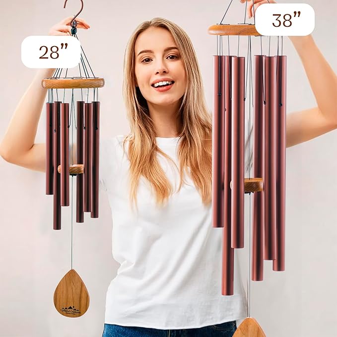 UpBlend Wind Chimes for Outside Gift – Deep Tone Wind Chime with Decorative Stone – Porch & Patio Decor, Elegant Outdoor Ornament, Garden Gifts. 28” Brown.