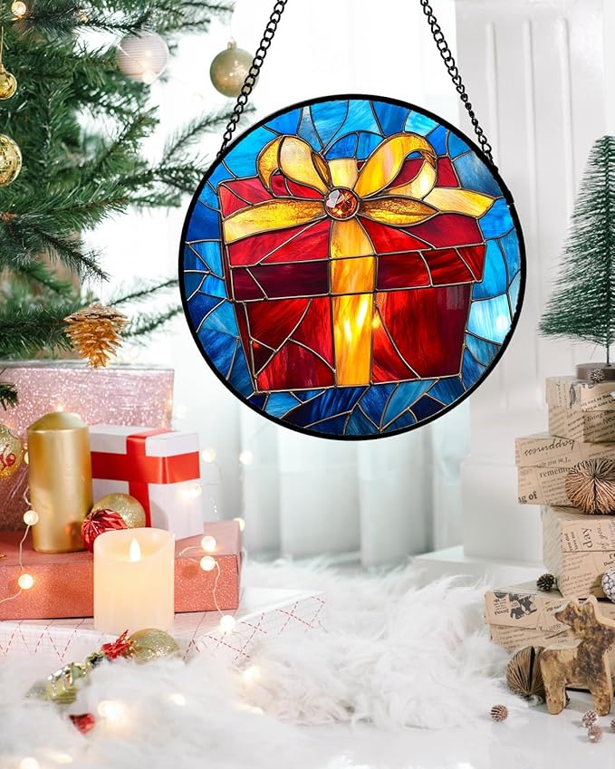 Stained Glass Window Hanging - Gold Red Gift Box Suncatcher for Doors Home Christmas Decoration Sun Catcher Thanksgiving New Year Birthday Gifts for Friend Women Men Mom Nana 11.8 in