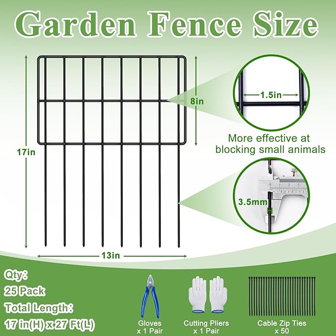 Animal Barrier Fence Stakes, 17in (H) x 5.4ft (L) No Dig Garden Decorative Rustproof Metal Defense Fence, 25 Pack Dog Rabbits Blocker for Outdoor Yard