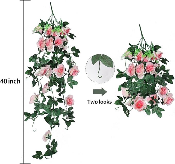 RECUTMS 2pcs Artificial Hanging Plants 32 in Fake Plant Ivy Vine Outdoor UV Resistant Plastic (Champagne)