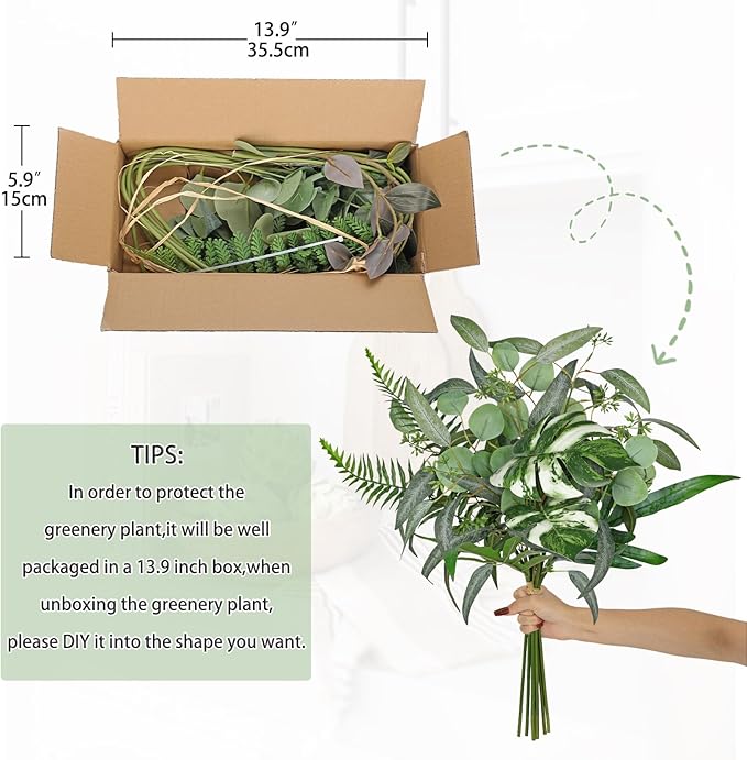 Artificial Greenery Stems Box Set, 5 Kinds Mixed Eucalyptus Leaves Silver Dollar Fern Monstera Leaf Faux Plants Bulk for DIY Bouquets Wedding Floral Arrangements Table Centerpieces Vase Decor