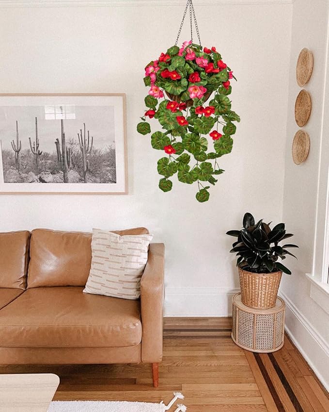 Briful Geraniums Fake Flowers Hanging Basket Outdoor, Silk Summer Vine Faux Flowers, Begonia Artificial Flowers, 5 ⅞’’ Coconut Basket, for Home Farmhouse Balcony Indoor Patio Garden Decor