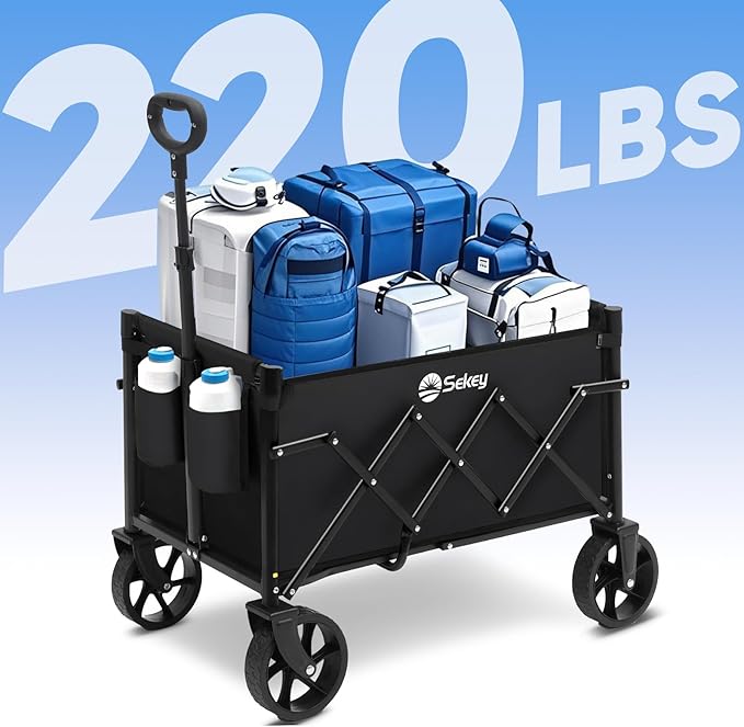 Sekey Wagon Cart with Wheels with 220LBS Capacity,Heavy Duty Wagon Carts Foldable with Drink Holders,Lightweight Utility Portable Cart for Grocery, Shopping, Garden, Camping. Black