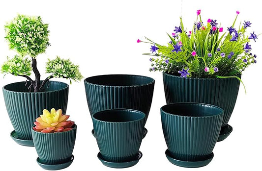 7.5/6.5/5.5/4.9/4.2/3.5 Inch Plant Pots with Saucers & Drain Holes - Indoor/Outdoor Flower Pots for Succulents, Herbs, Cactus - Modern Lightweight Durable Planter Set, Dark Green