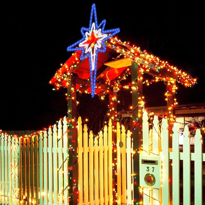 Large 28inch Twinkle Bethlehem Star Pre-lit 216 Super-Bright LED Outdoor Christmas Decoration with 11 Functions and Timer Waterproof for Outdoor Home Party Wall(Blue and White)