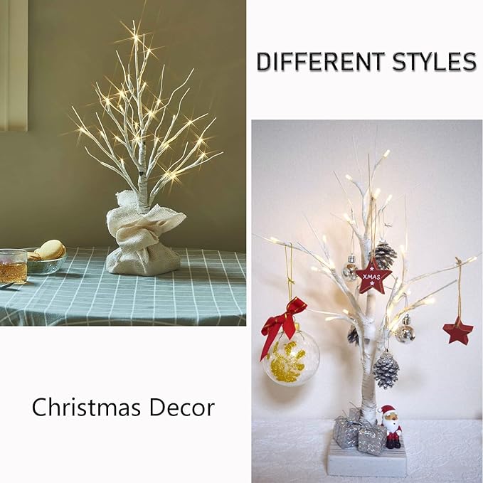 Fudios Lighted Birch Tree with Timer Battery Operated 18in Home Decor Tabletop, Pre lit Artificial Birch Trees with 24 LED for Wedding Christmas Party