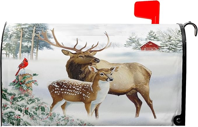 Winter Deer Mailbox Cover Magnetic- Christmas Reindeer Moose Elk Mailbox Wrap- Large Size 25.5x21 Inch Waterproof Letter Post Cover for Garden Yard Outdoor Farmhouse Decor
