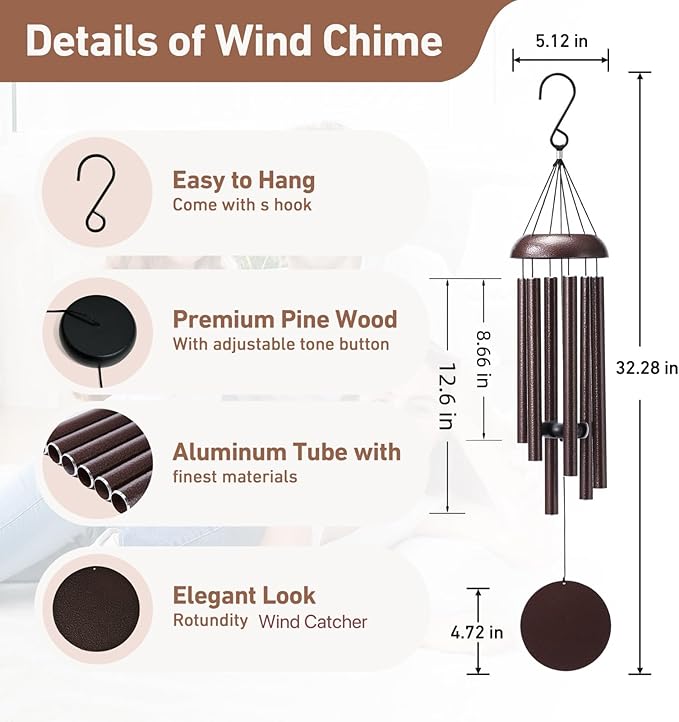 Wind Chimes for Outside - Deep Tone Soothing Melodic Tones, Outdoor Wind Chimes for Garden, Patio Decor, Memorial Sympathy Gift for Loss of Loved One （32''Bronze）