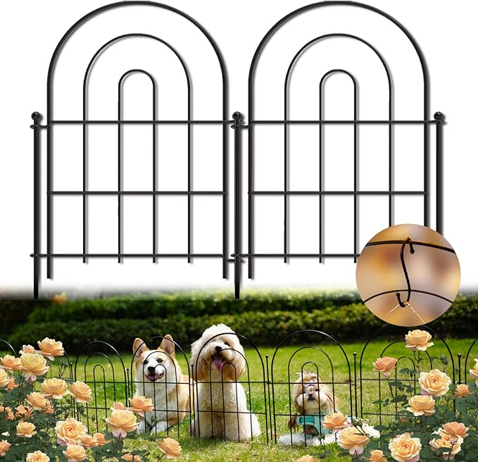 Garden Fence Panels, 17 in (High) x 12.6 ft (Long) Flower Bed Fencing for Small Animal Barrier, 10 Pcs Metal Decorative Fences Border with Hooks