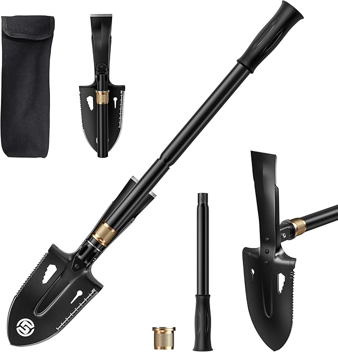 SUNPOW Shovels for Digging, Camping Shovel, Portable Shovel for Gardening, Digging, Metal Detecting, Hiking, Car Emergency - Multifunctional Lightweight Outdoor Shovel, Black, SPMS02