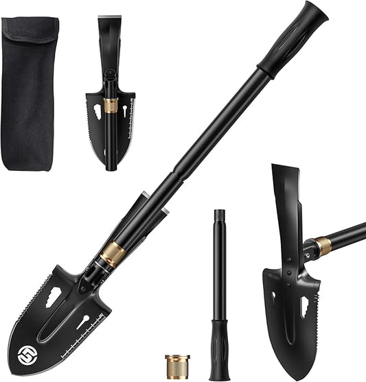 SUNPOW Shovels for Digging, Camping Shovel, Portable Shovel for Gardening, Digging, Metal Detecting, Hiking, Car Emergency - Multifunctional Lightweight Outdoor Shovel, Black, SPMS02