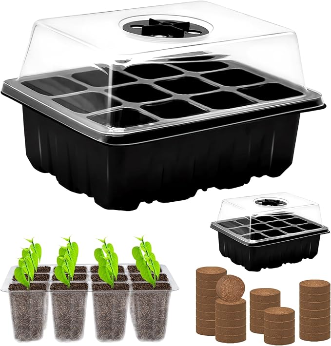 ZeeDix Seed Starter Kit, 2 Pack Seed Starter Trays with 30 PCS Coco Pellets, Base Tray for Indoor Planting, Mini Greenhouse Germination System for Herbs Vegetables Gardening Supplies(24 Cells)
