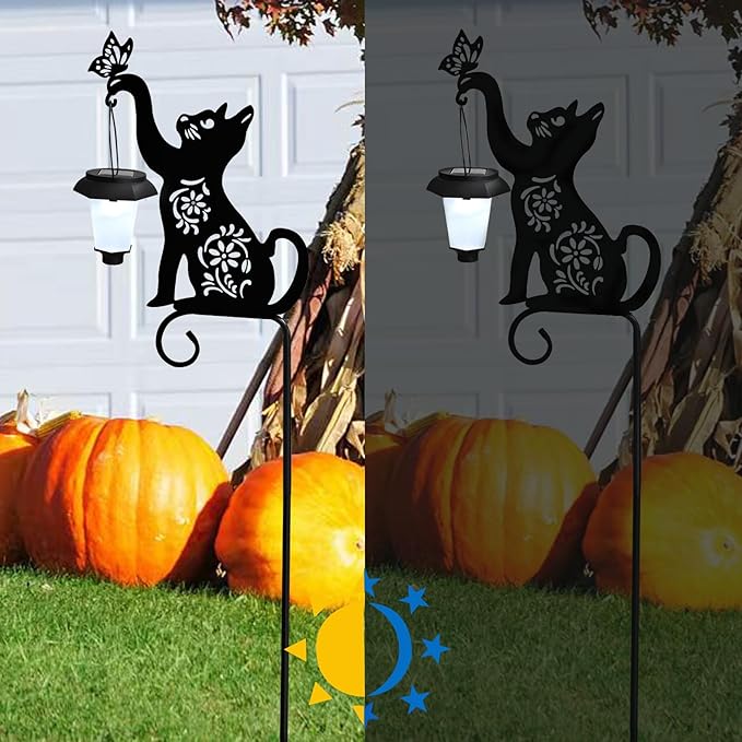 Cat Solar Lights Outdoor Garden Decoration, Cat Garden Statues, Outdoor Metal Decorative Stakes with Solar Lantern for Lawn Yard Pathway Patio Gardening Gifts
