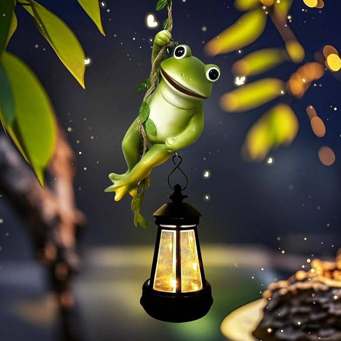 Solar Frogs Outdoor Garden Statues, Christmas Hanging Climbing Rope Frog on a Vine with Lantern Tree Hugger Figurine Lights for Outside Yard Art Sculptures Porch Balcony Wall Decor, Funny Gifts