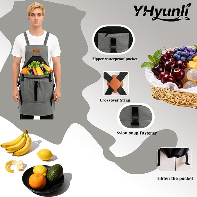 Gardening Apron, Pockets for Women & Men Cross Back Gardening Apron integrated extended drawstring pouch, Great Gift