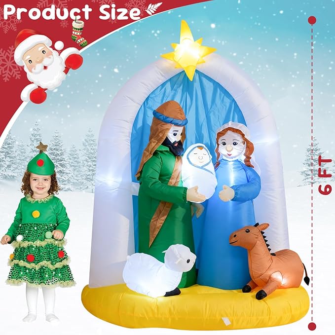 6 Feet Indoor Outdoor Nativity Scene Inflatable Christmas Decor , LED Lights Holiday Garden Yard Lawn Decoration, Xmas Blow up Decoration,Featuring Mary Joseph Baby Jesus with Cute Sheep and Deer