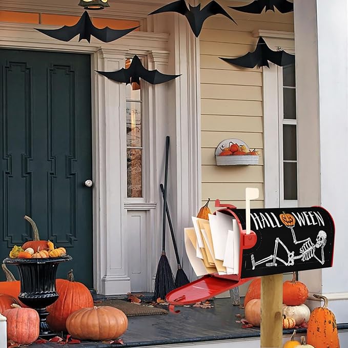 Halloween Skull Pumpkin Mailbox Cover, Waterproof Post Letter Box Covers, Standard Size Halloween Spooky Magnetic Mail Wraps for Outdoor Yard Garden Decor, 21x18 Inch