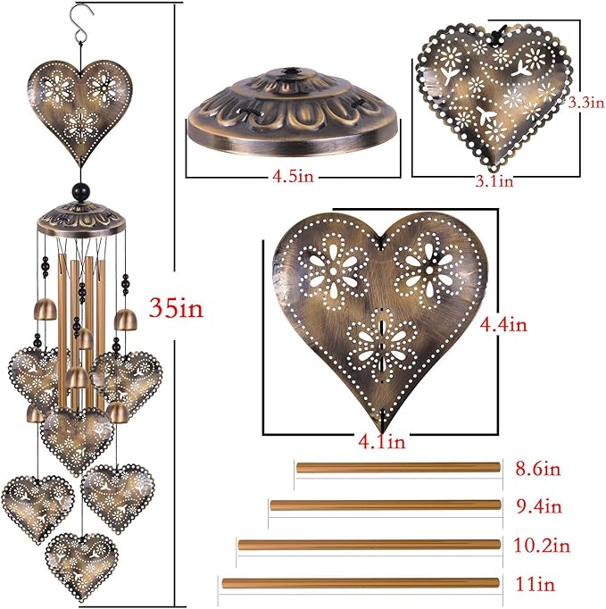 Heart Shape Wind Chimes for Garden, Gifts for Mom, Home, Balconies, Rooms, Patio, Indoor, Outdoor Heart Decoration, Hearts Shape Wind Catcher, Bronze Memorial Wind Bells, Hearts Wind Chimes Decor