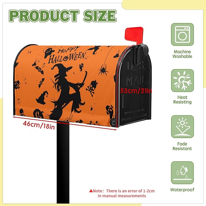 Happy Halloween Mailbox Covers Magnetic Standard Size 21x18 inch Witch Spider Mail Box Cover Skull Ghost Post Letter Box Cover for Outdoor Garden Decor Orange