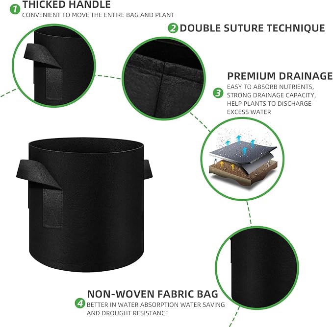 5 Pack 20 Gallon Grow Bags, Heavy Duty Thickened Nonwoven Fabric Pots with Handles, Planter Grow Bags for Vegetables/Flower/Plant/Fruits, Black