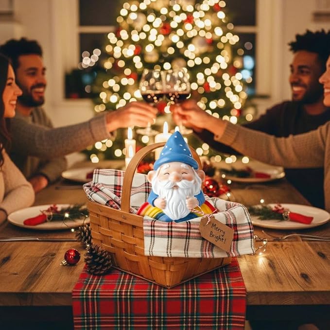 Christmas Santa Gnome Statue with Polka Dot Hat, Colorful Rainbow Base, Indoor Outdoor Decorations, Cheerful Guardian for Garden Porch Patio Yard, Home Decor Housewarming Christmas Party Gift (Blue)