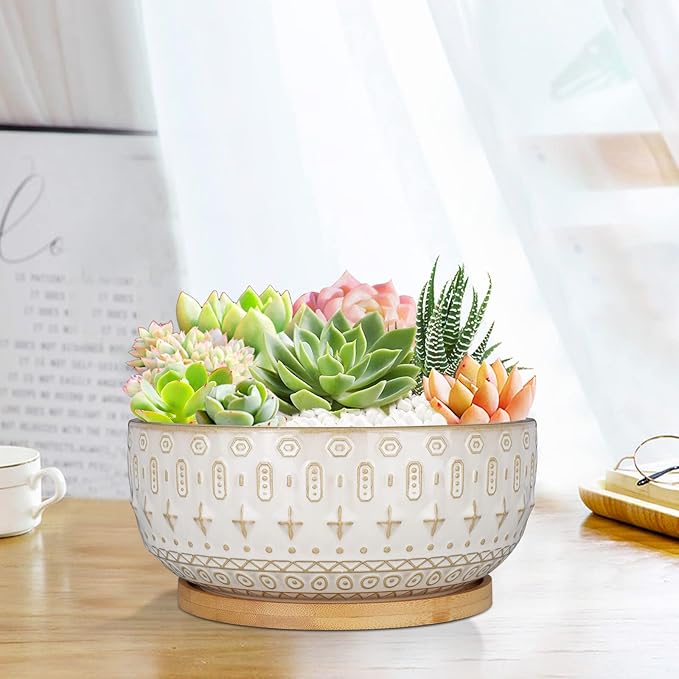 8 Inch Ceramic Succulent Planter Pots with Drainage Hole Flower Pot for Indoor Plants Round Shallow Bonsai Pot with Bamboo Tray White