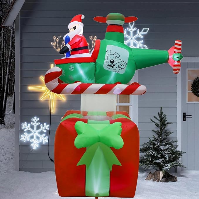 Juegoal Christmas Inflatables Outdoor Decorations, 6FT Inflatable Xmas Santa Claus with Helicopter on Gift Box, Lighted Blow Up Santa Flying Airplane, Built in Light for Holiday Lawn Yard Garden Decor