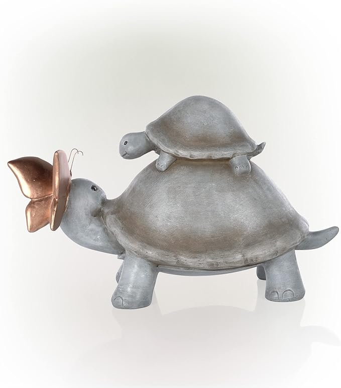 Alpine Corporation ZEN906 Mother and Baby Turtles with Love Butterfly Indoor Outdoor Decorative Garden Statue, 14" Long, Gray