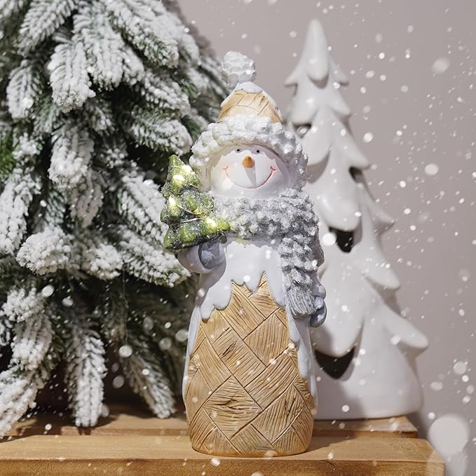 Newman House Studio Snowman Christmas Decorations Christmas-Tree Lighted - Snowmans Figurines Ornaments with LED Lights Merry Resin Holiday Light Up Snowman Indoor Decor 3.5 * 2.25 * 8.5 in