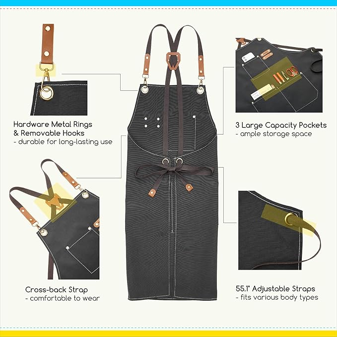 MEEDEN Painting Apron for Men Women: Adjustable Cross Back Waterproof Polyester Canvas Art Apron with 3 Pockets - Artist Apron for Acrylic Oil & Watercolor Painting, Gardening, Cooking - Taupe