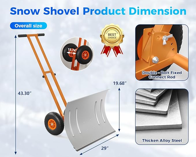 Garvee 29" Snow Pusher Shovel with Wheels,Heavy Duty Steel Snow Shovel with Wheels,Angled Blade Efficient Snow Removal With5-Position Angled Blade & Adjustable Handle for Doorway, Sidewalk, Silver