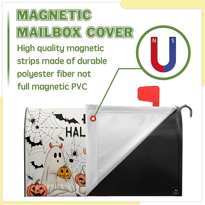 Happy Halloween Mailbox Covers Magnetic Boo Ghost Mail Box Cover Pumpkin Mailbox Wraps Magnetic Standard Size 21x18 inch for Outside Garden Yard Spider Web Bat