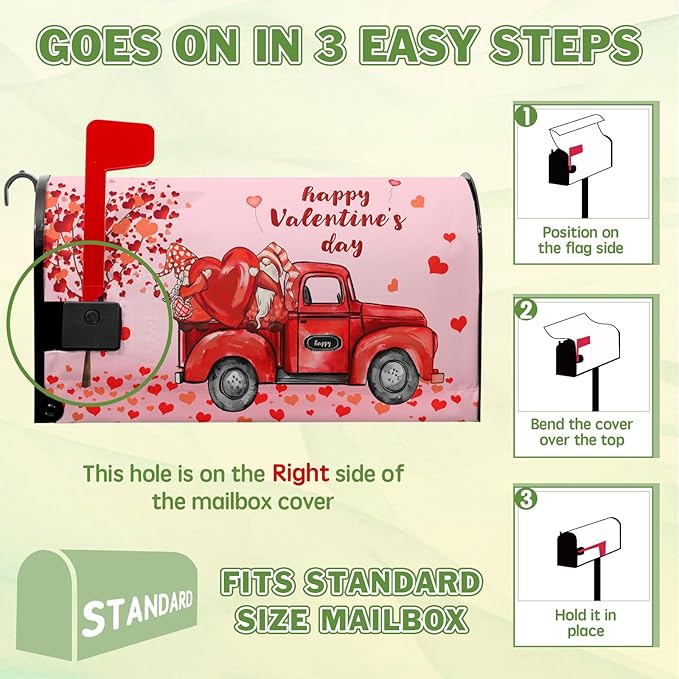 Gnomes Truck Red Valentines Day Mailbox Cover, Standard Size, Waterproof Oxford Fabric, Magnetic, 21x18 Inch