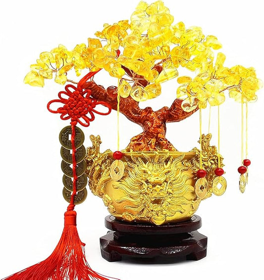 Feng Shui Yellow Quartz Crystal Tree, Bonsai Style Money Trees Decoration for Luck and Wealth (Dragon pots)