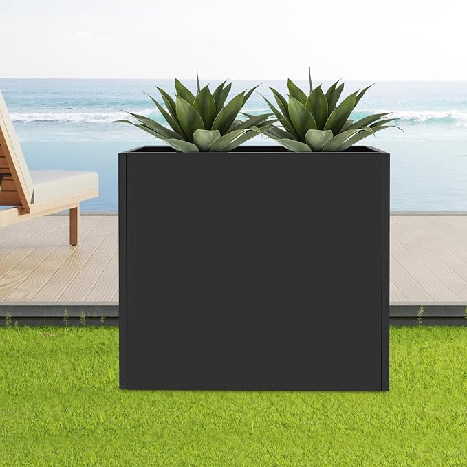 Metal Planter Box, Tall Rectangular Raised Garden Bed with Removable Shelf and Drainage Holes, Modern Steel Garden Planter, Flower Planter Boxes for Patio, Yard & Porch, Outdoor (Black, 34*10*30in)