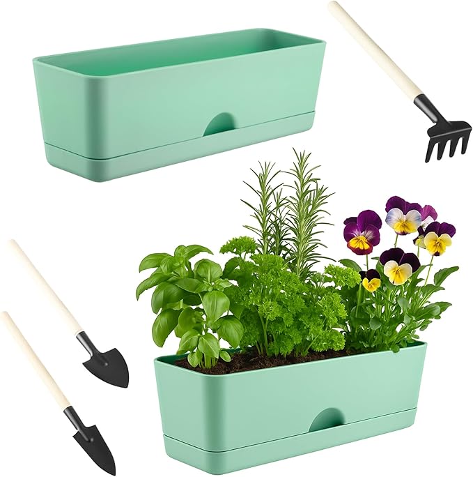 2-Pack Large Window Boxes Planters 16 Inch Rectangle Plant Box Rectangular Planter for Outdoor and Indoor Plants Plastic Windowsill Planter for Herbs Vegetable Flowers Long Window Sill Planters